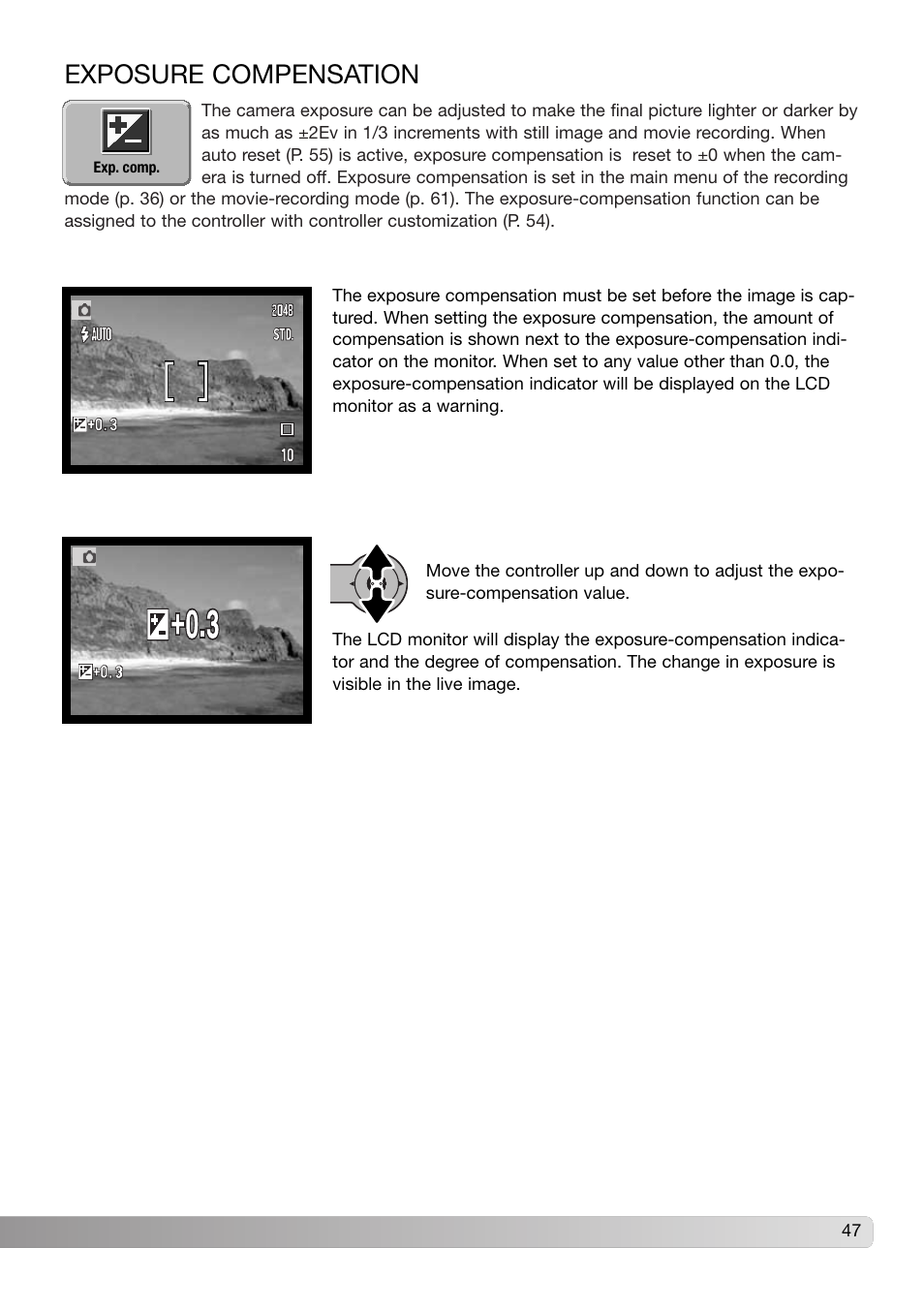 Exposure compensation | Konica Minolta DiMAGE X31 User Manual | Page 47 / 112