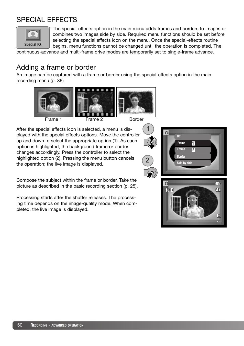 Special effects, Adding a frame or border, Special effects adding a frame or border | Konica Minolta DiMAGE X31 User Manual | Page 50 / 112