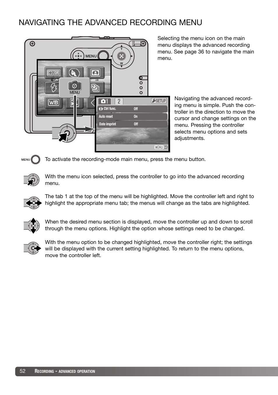 Navigating the advanced recording menu | Konica Minolta DiMAGE X31 User Manual | Page 52 / 112