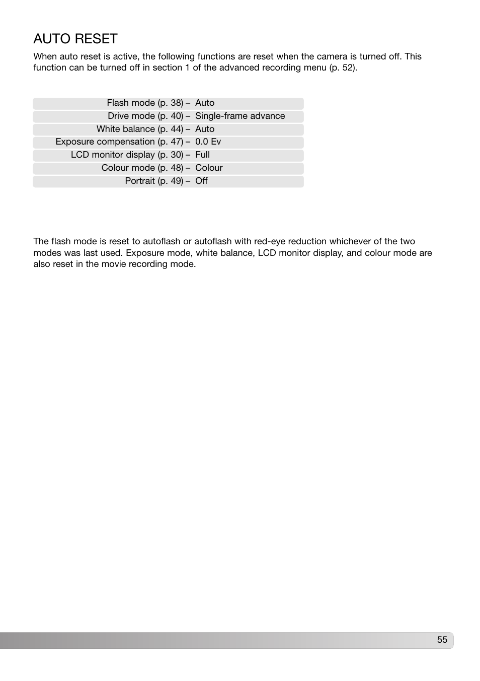 Auto reset | Konica Minolta DiMAGE X31 User Manual | Page 55 / 112