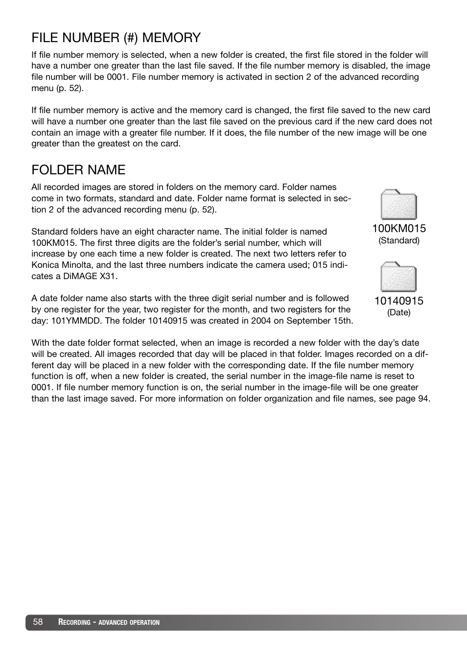 File number (#) memory folder name | Konica Minolta DiMAGE X31 User Manual | Page 58 / 112