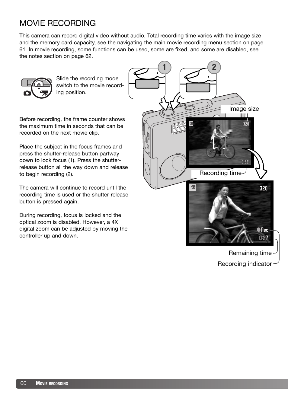 Movie recording | Konica Minolta DiMAGE X31 User Manual | Page 60 / 112