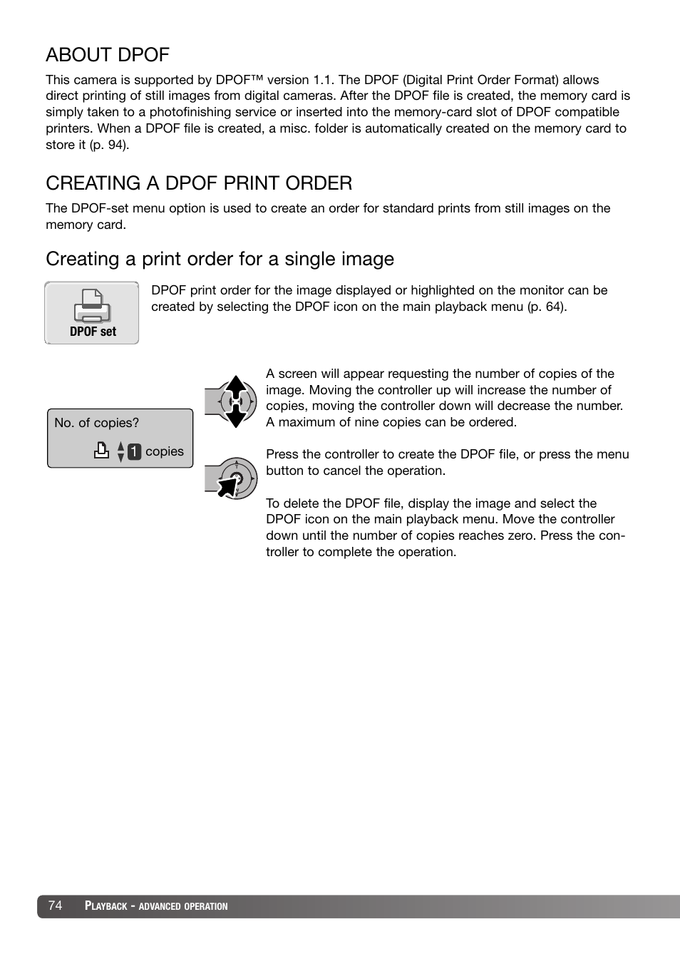 About dpof creating a dpof print order, About dpof, Creating a dpof print order | Creating a print order for a single image | Konica Minolta DiMAGE X31 User Manual | Page 74 / 112