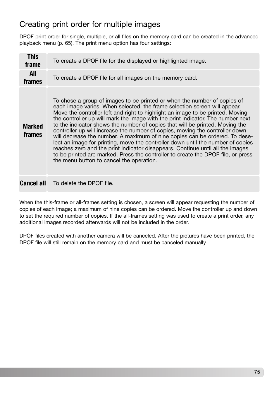 Creating print order for multiple images | Konica Minolta DiMAGE X31 User Manual | Page 75 / 112