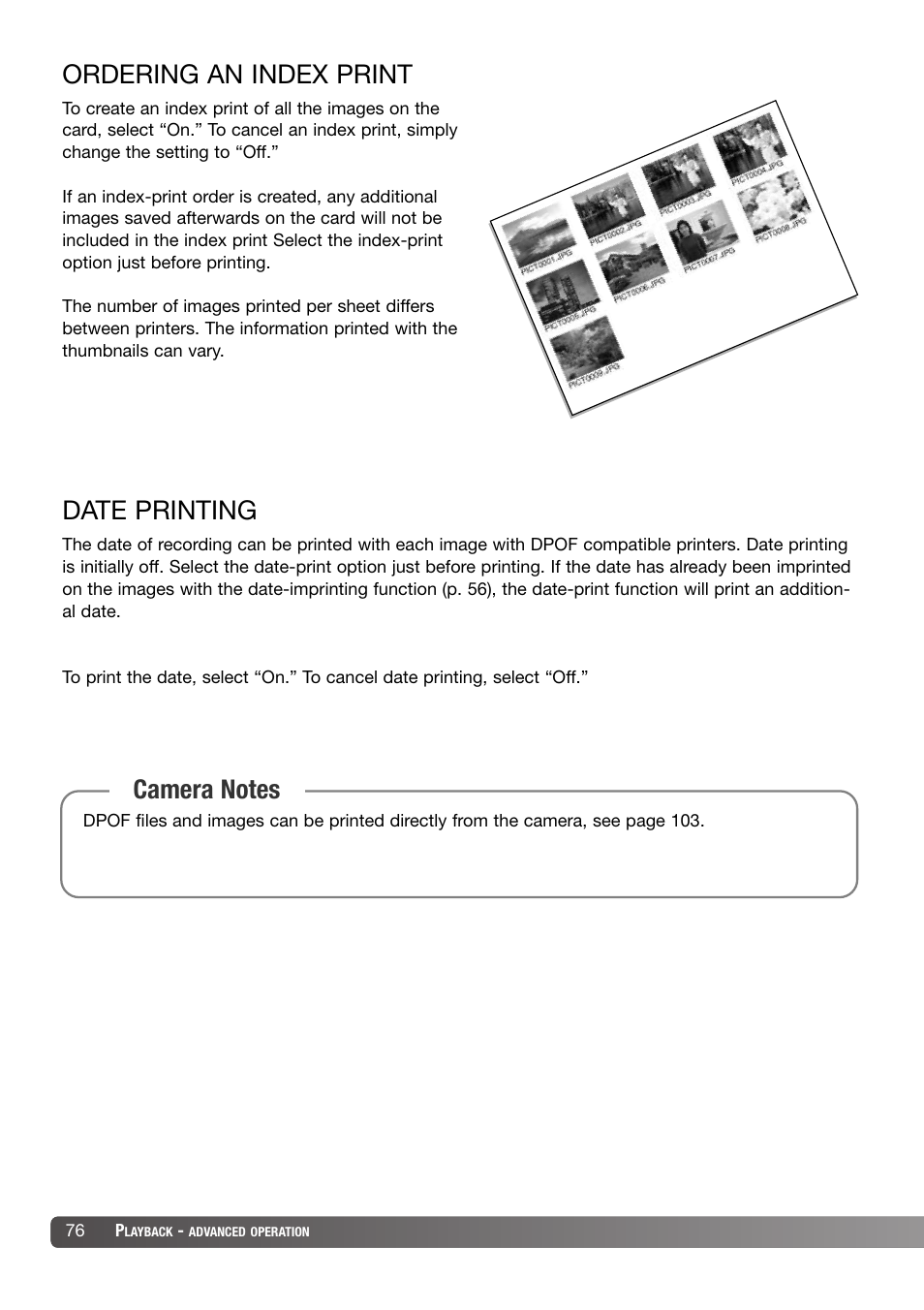 Ordering an index print date printing, Ordering an index print, Date printing | Konica Minolta DiMAGE X31 User Manual | Page 76 / 112