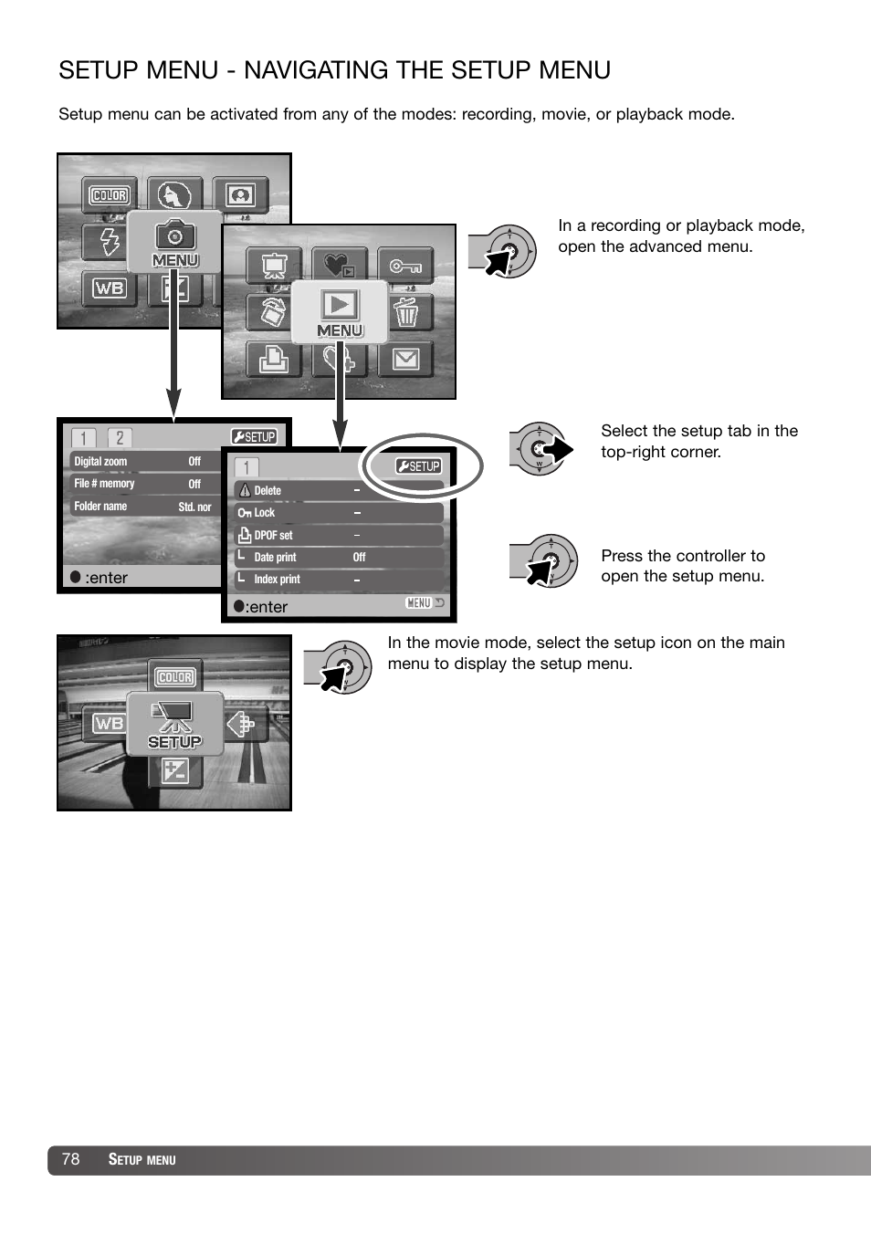 Setup menu, Navigating the setup menu, Setup menu - navigating the setup menu | Konica Minolta DiMAGE X31 User Manual | Page 78 / 112