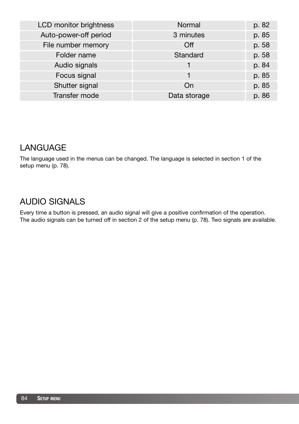 Language audio signals, Language, Audio signals | Konica Minolta DiMAGE X31 User Manual | Page 84 / 112