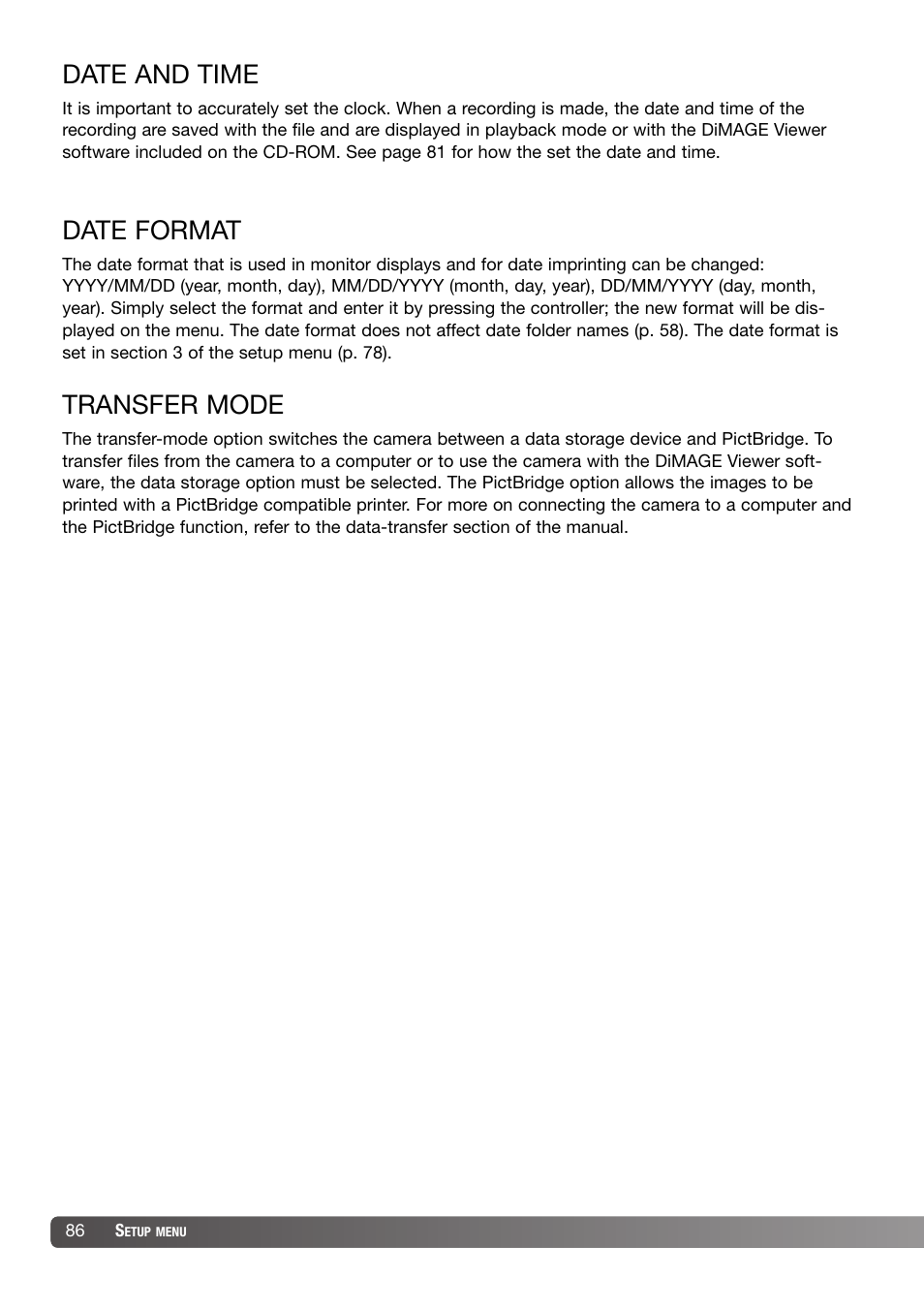 Date and time date format transfer mode, Date and time, Date format | Transfer mode | Konica Minolta DiMAGE X31 User Manual | Page 86 / 112