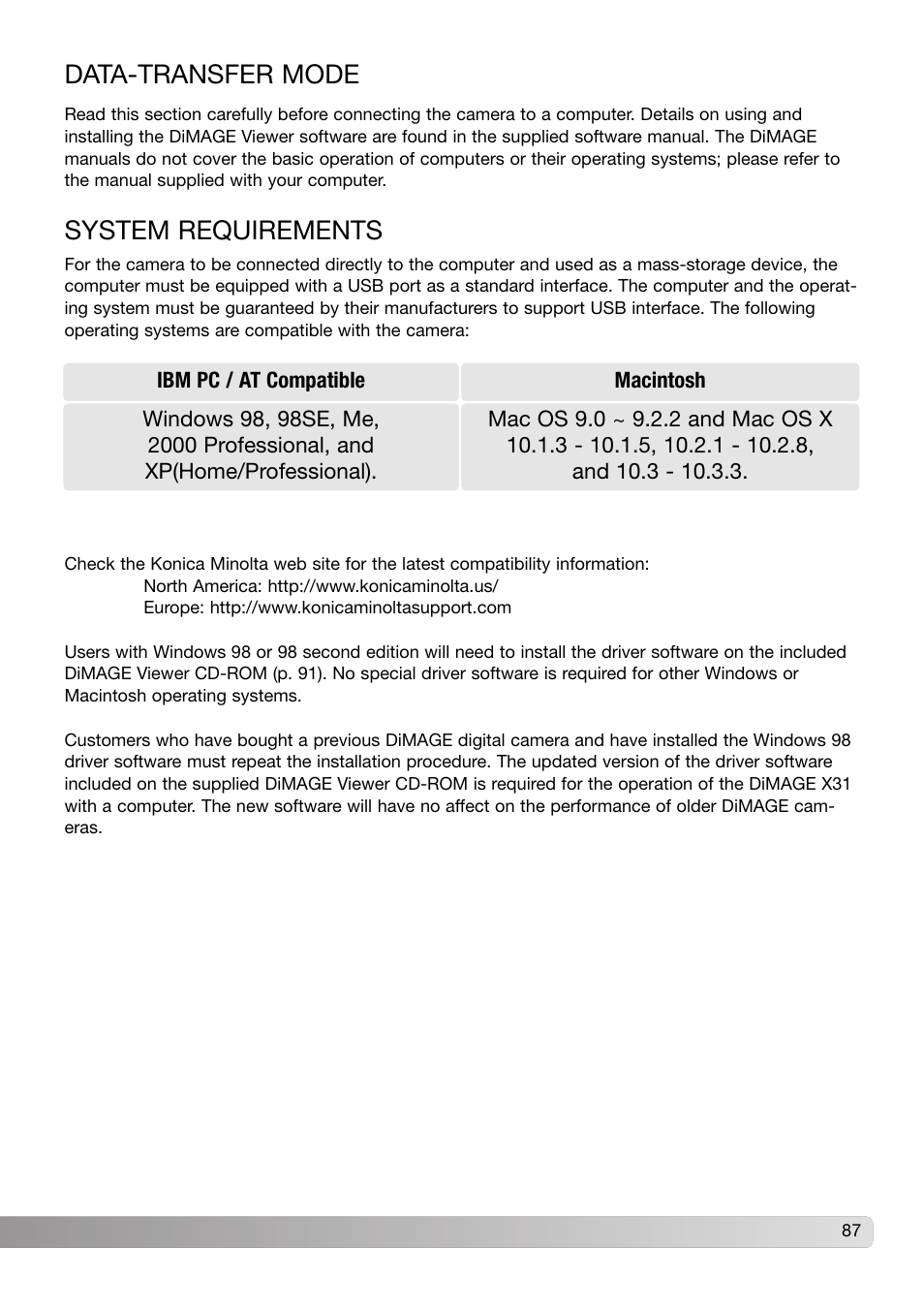 Data-transfer mode, System requirements | Konica Minolta DiMAGE X31 User Manual | Page 87 / 112