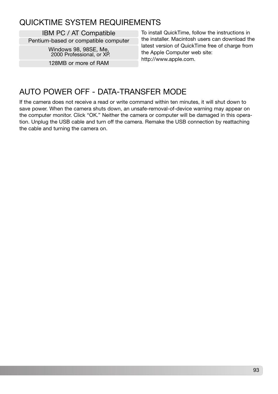 Auto power off - data-transfer mode, Quicktime system requirements | Konica Minolta DiMAGE X31 User Manual | Page 93 / 112