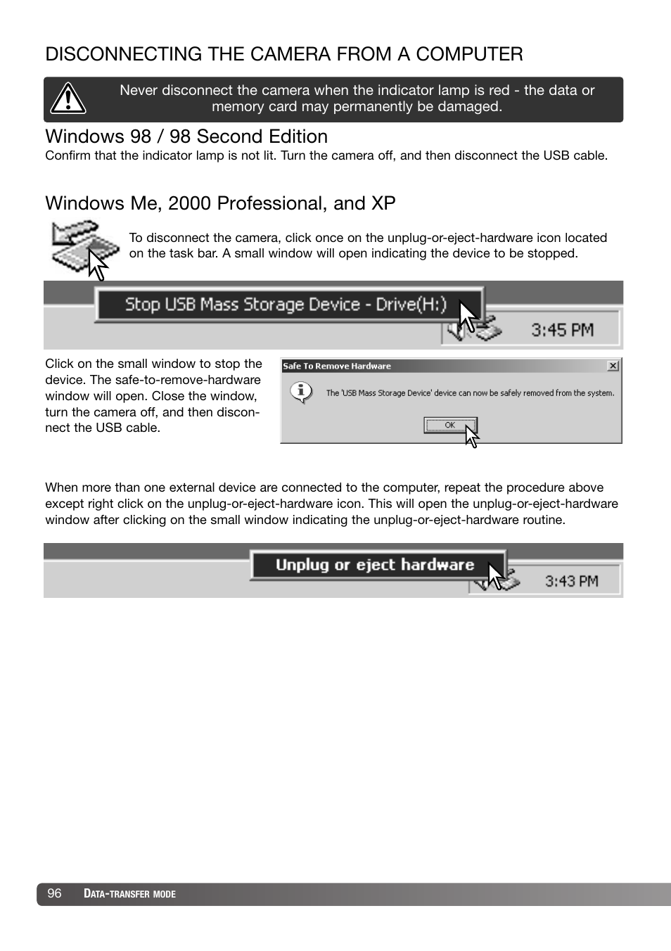 Disconnecting the camera from the computer, Windows 98 / 98 second edition | Konica Minolta DiMAGE X31 User Manual | Page 96 / 112