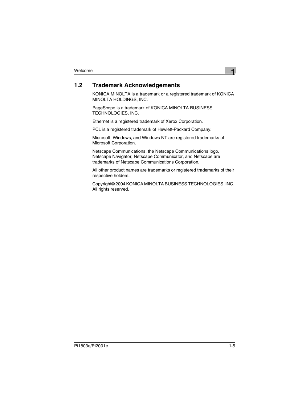 2 trademark acknowledgements, Trademark acknowledgements -5 | Konica Minolta Pi2001e User Manual | Page 10 / 34