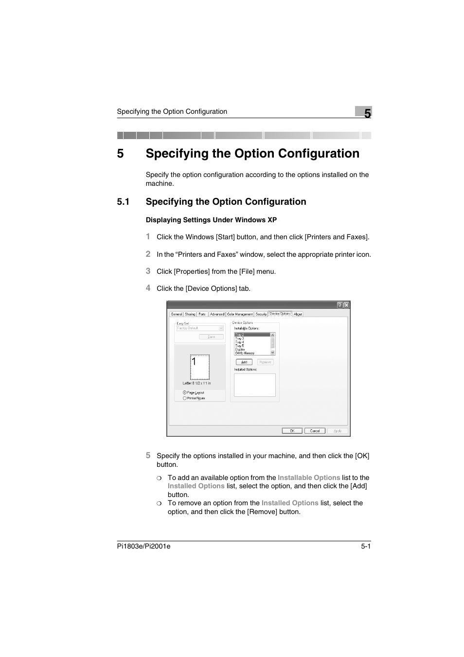 5 specifying the option configuration, 1 specifying the option configuration, Displaying settings under windows xp | Specifying the option configuration, Specifying the option configuration -1, Displaying settings under windows xp -1, 5specifying the option configuration | Konica Minolta Pi2001e User Manual | Page 26 / 34