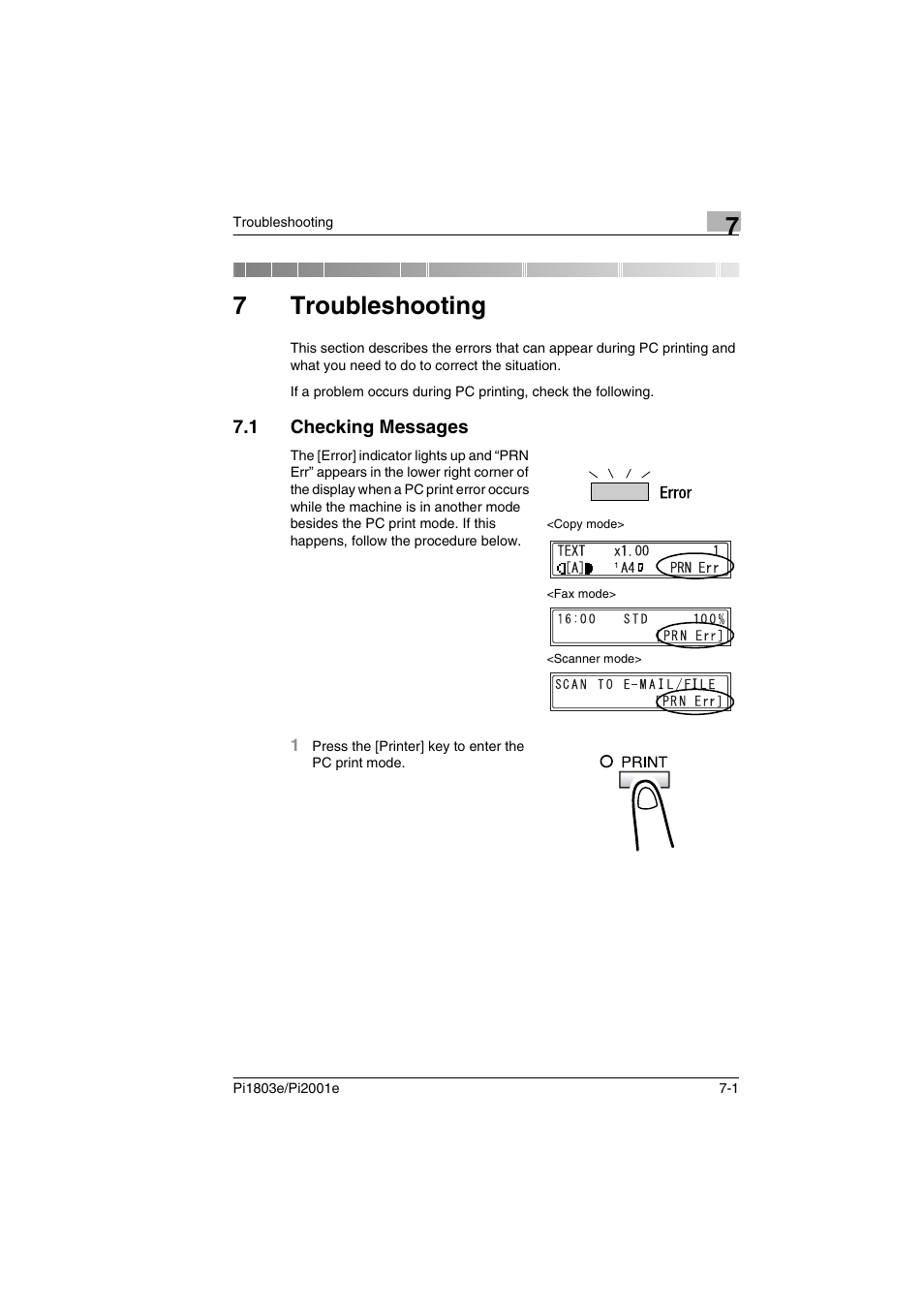 7 troubleshooting, 1 checking messages, Troubleshooting | Checking messages -1, 7troubleshooting | Konica Minolta Pi2001e User Manual | Page 30 / 34