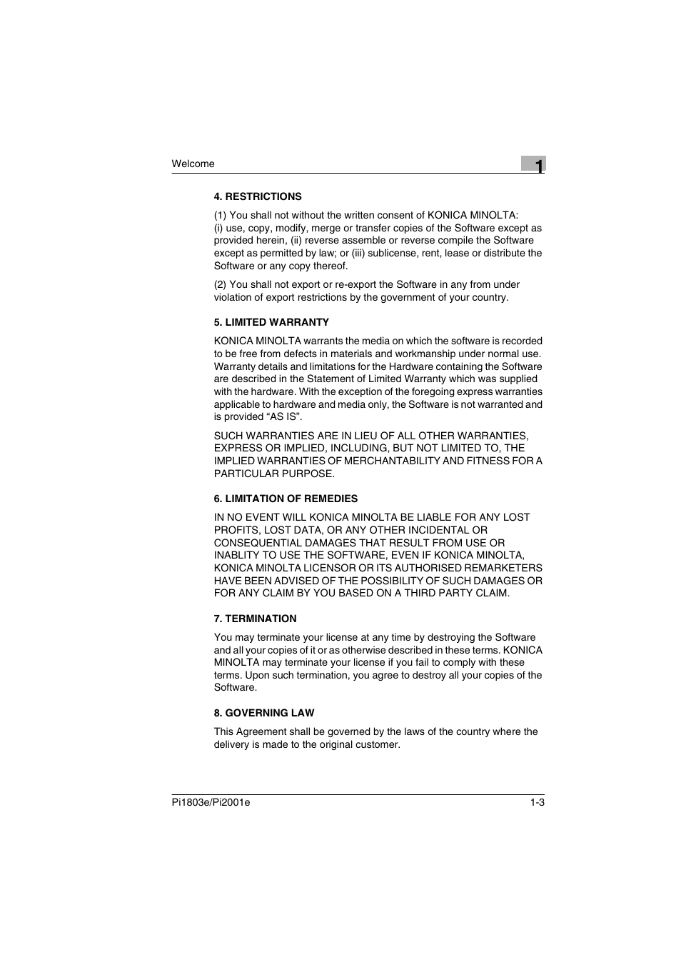 Restrictions, Limited warranty, Limitation of remedies | Termination, Governing law | Konica Minolta Pi2001e User Manual | Page 8 / 34