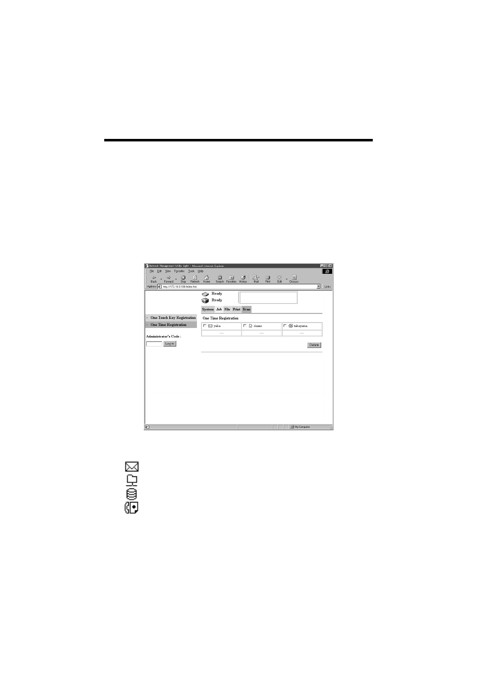 One time registration, P.115 | Konica Minolta IP-711 User Manual | Page 124 / 209