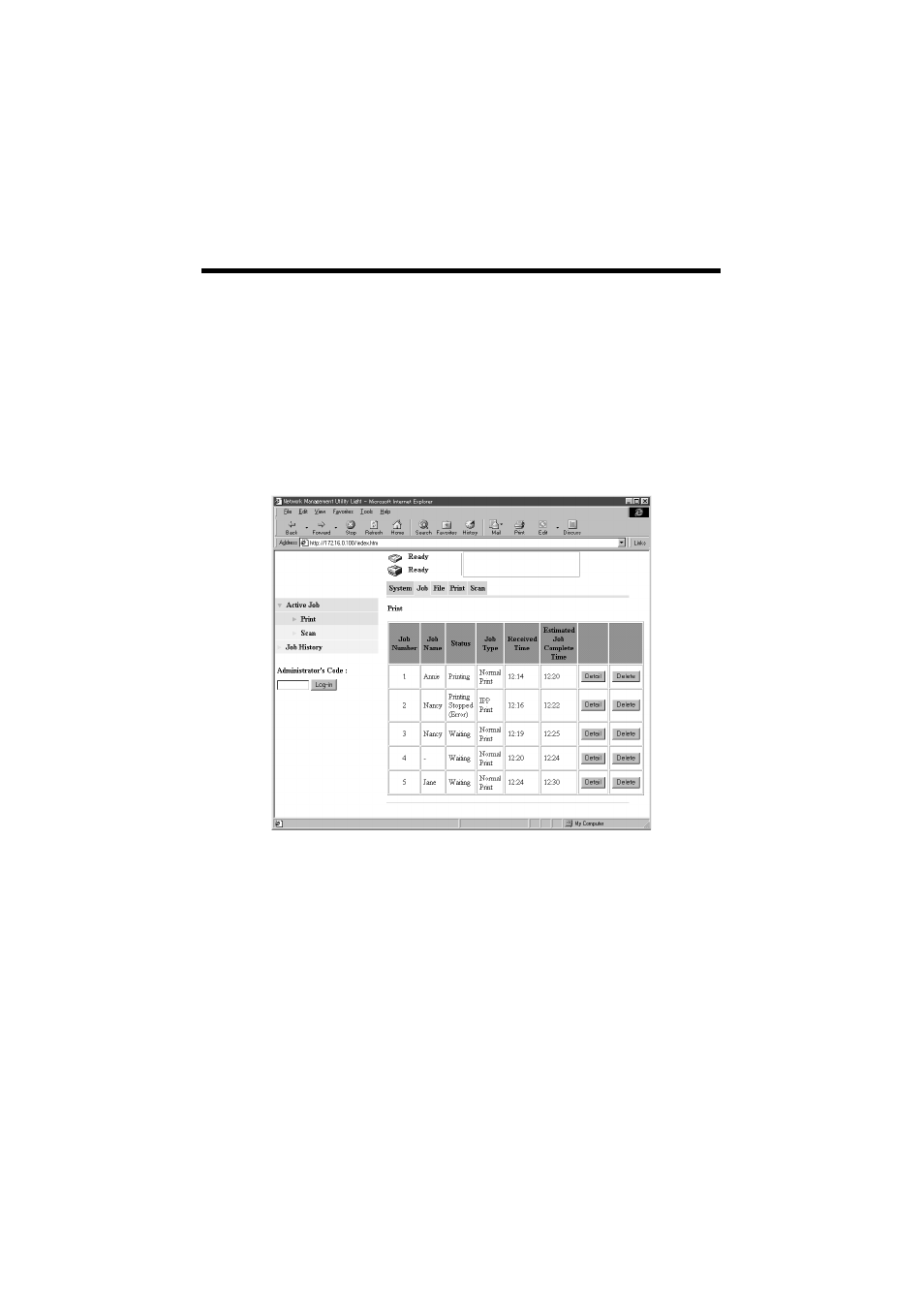 Print job list, 2 job operations on network management utility, Light print job list | Konica Minolta IP-711 User Manual | Page 135 / 209