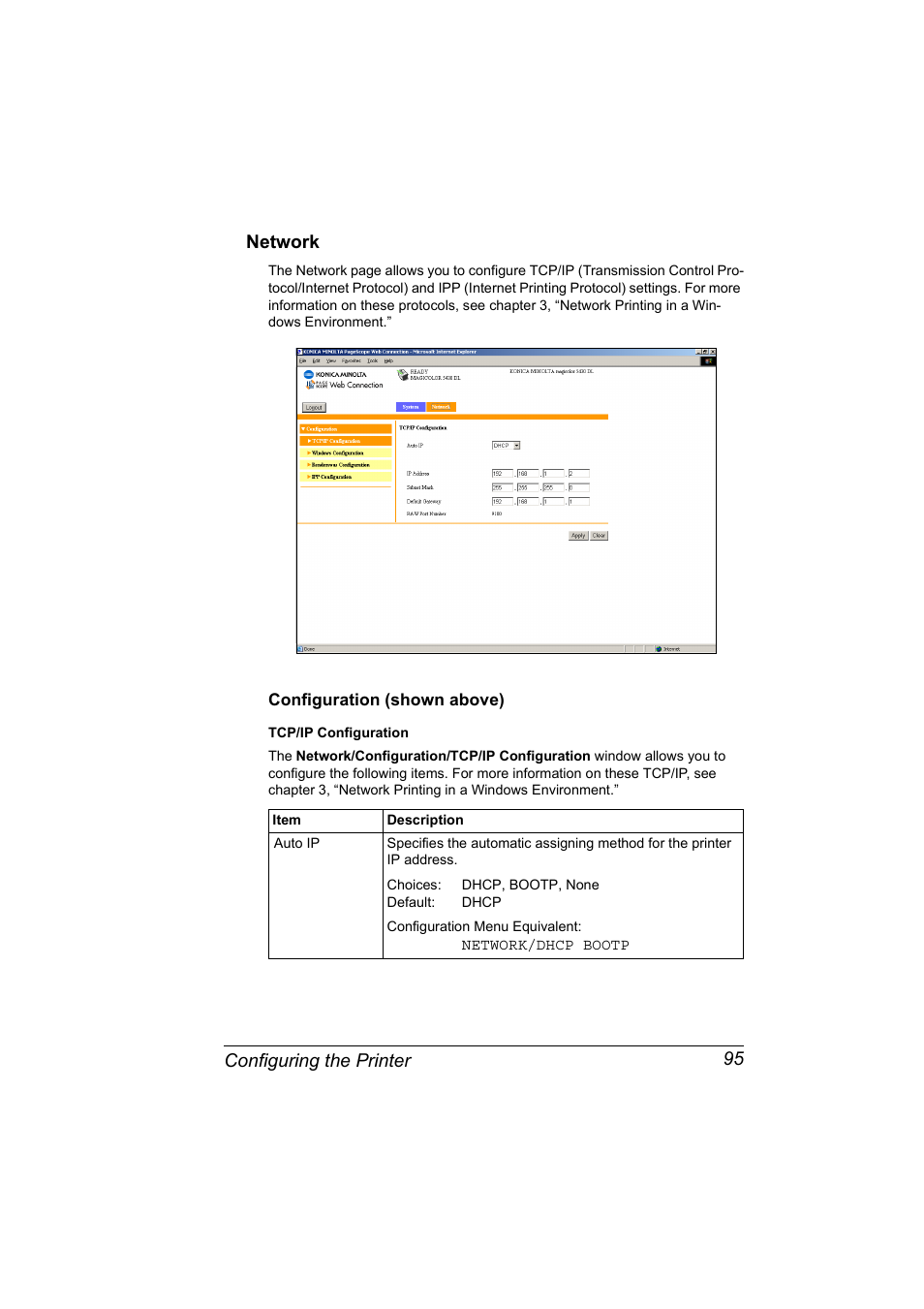 Network, Configuration (shown above), Network 95 | Configuration (shown above) 95, Configuring the printer 95 network | Konica Minolta Magicolor 5430 DL User Manual | Page 101 / 114