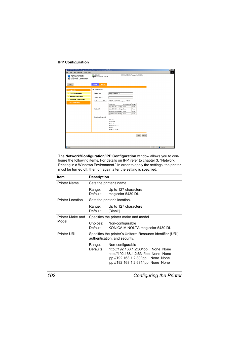 Configuring the printer 102 | Konica Minolta Magicolor 5430 DL User Manual | Page 108 / 114