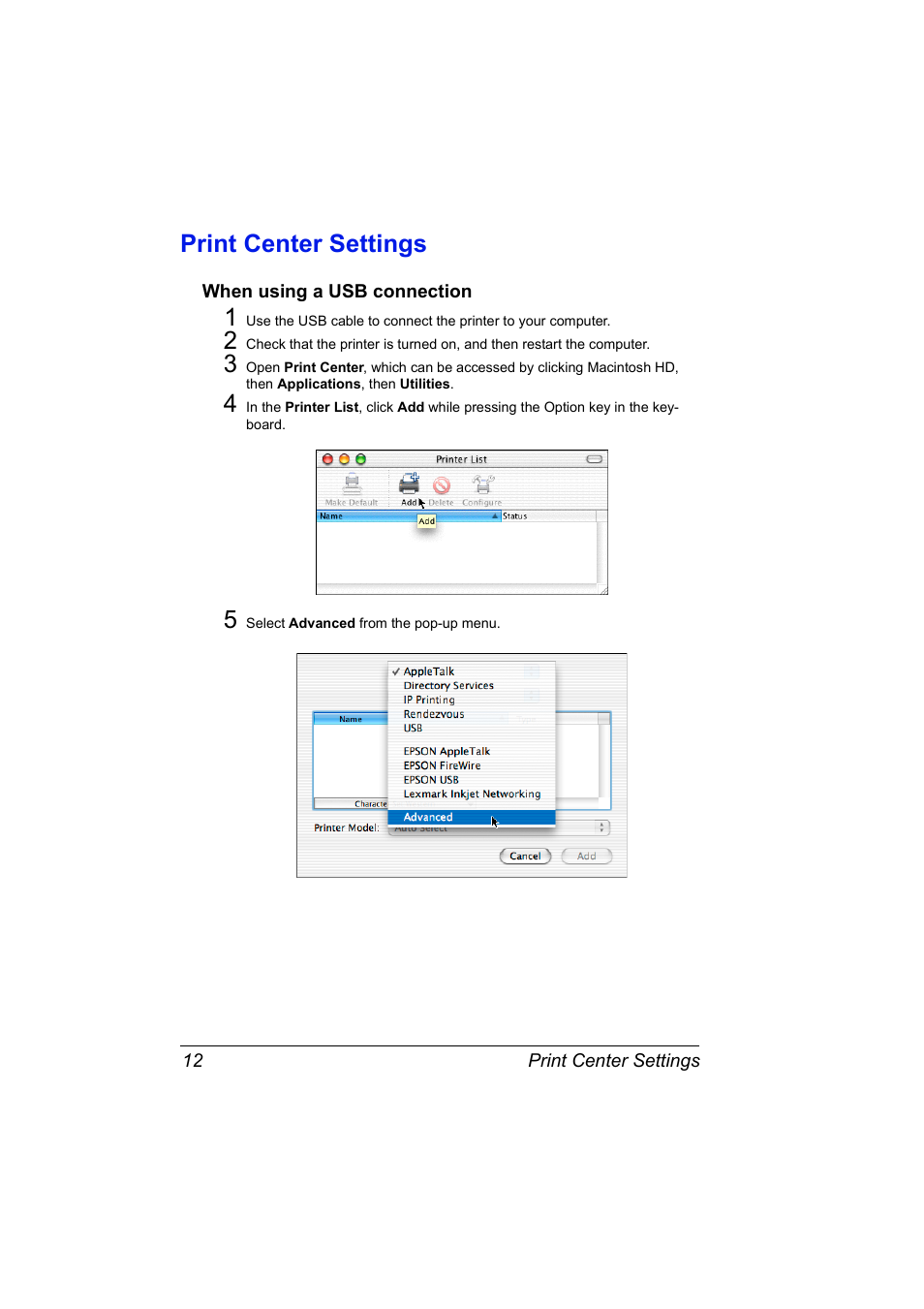 Print center settings, When using a usb connection, Print center settings 12 | When using a usb connection 12 | Konica Minolta Magicolor 5430 DL User Manual | Page 18 / 114