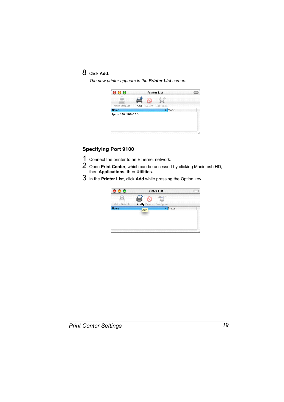 Specifying port 9100, Specifying port 9100 19 | Konica Minolta Magicolor 5430 DL User Manual | Page 25 / 114