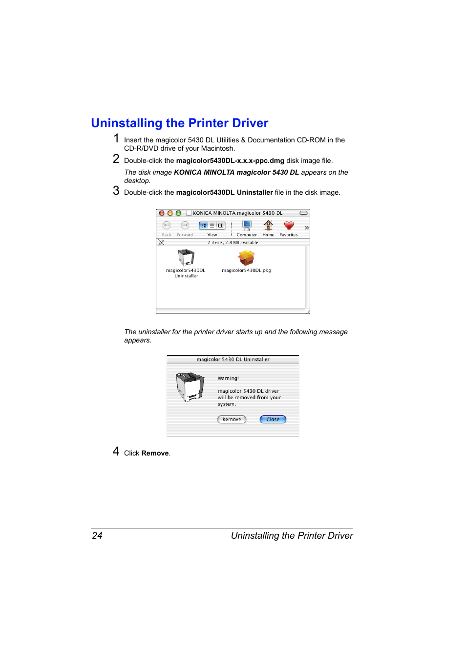 Uninstalling the printer driver, Uninstalling the printer driver 24, Uninstalling the printer driver 1 | Konica Minolta Magicolor 5430 DL User Manual | Page 30 / 114