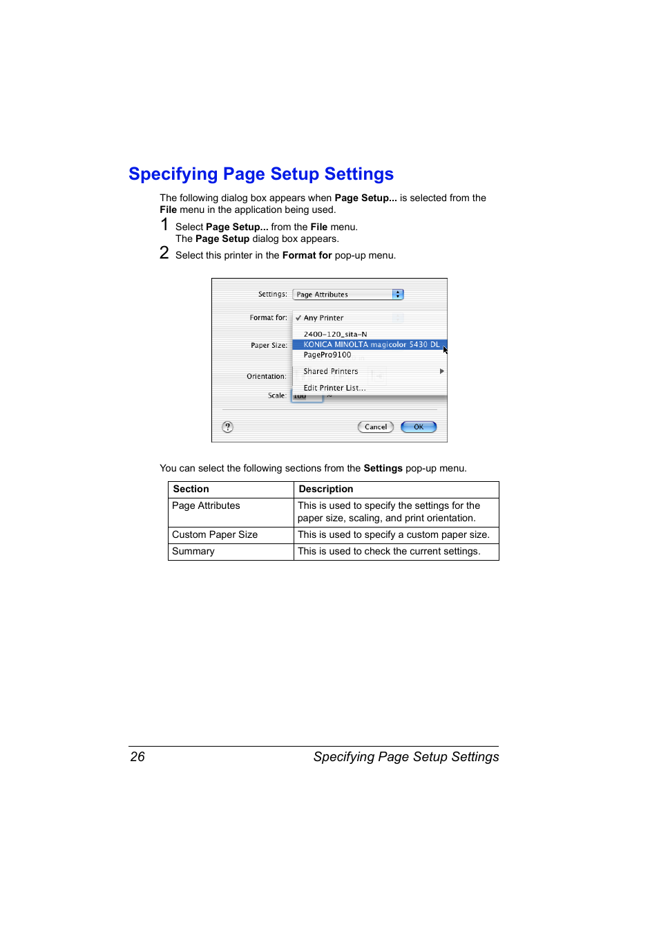 Specifying page setup settings | Konica Minolta Magicolor 5430 DL User Manual | Page 32 / 114
