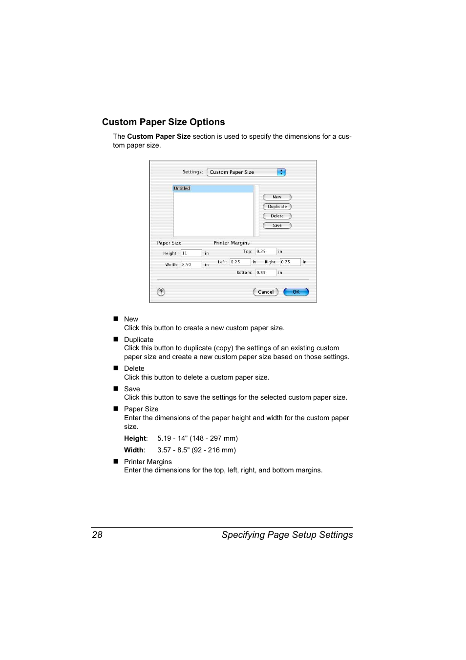 Custom paper size options, Custom paper size options 28 | Konica Minolta Magicolor 5430 DL User Manual | Page 34 / 114