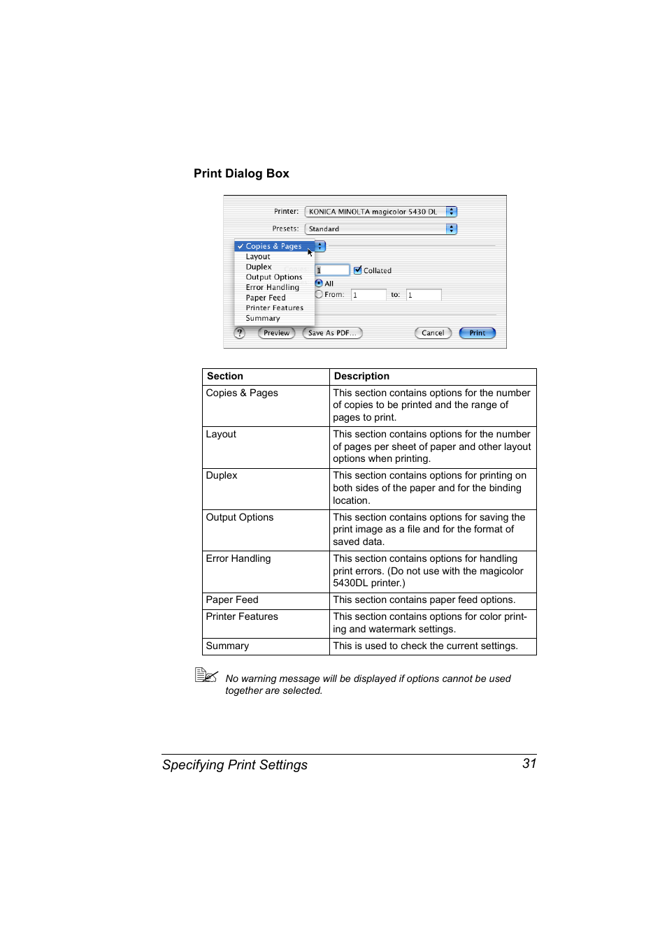 Print dialog box, Print dialog box 31, Specifying print settings 31 | Konica Minolta Magicolor 5430 DL User Manual | Page 37 / 114