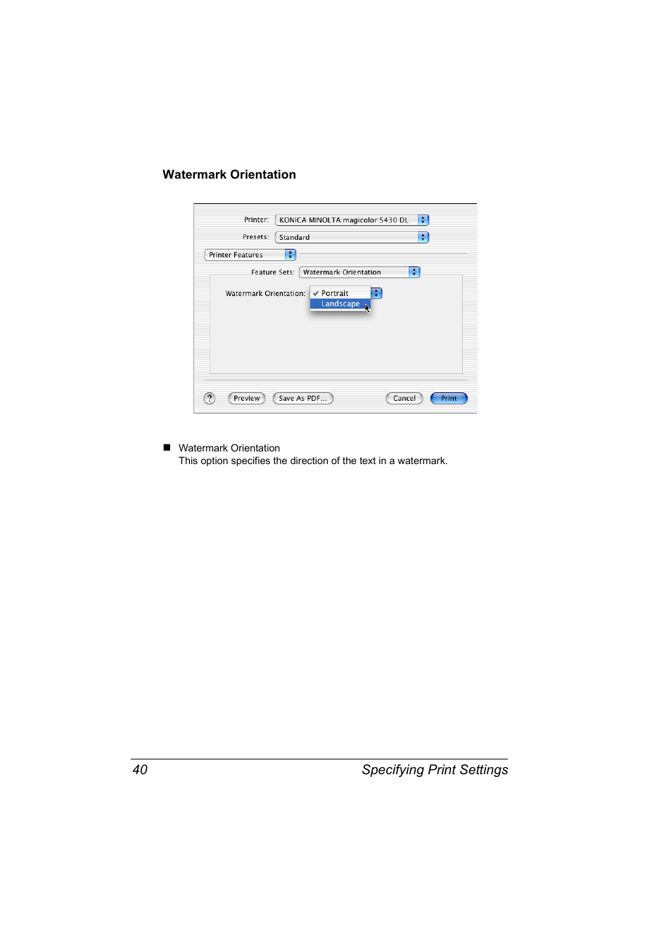 Watermark orientation, Watermark orientation 40 | Konica Minolta Magicolor 5430 DL User Manual | Page 46 / 114