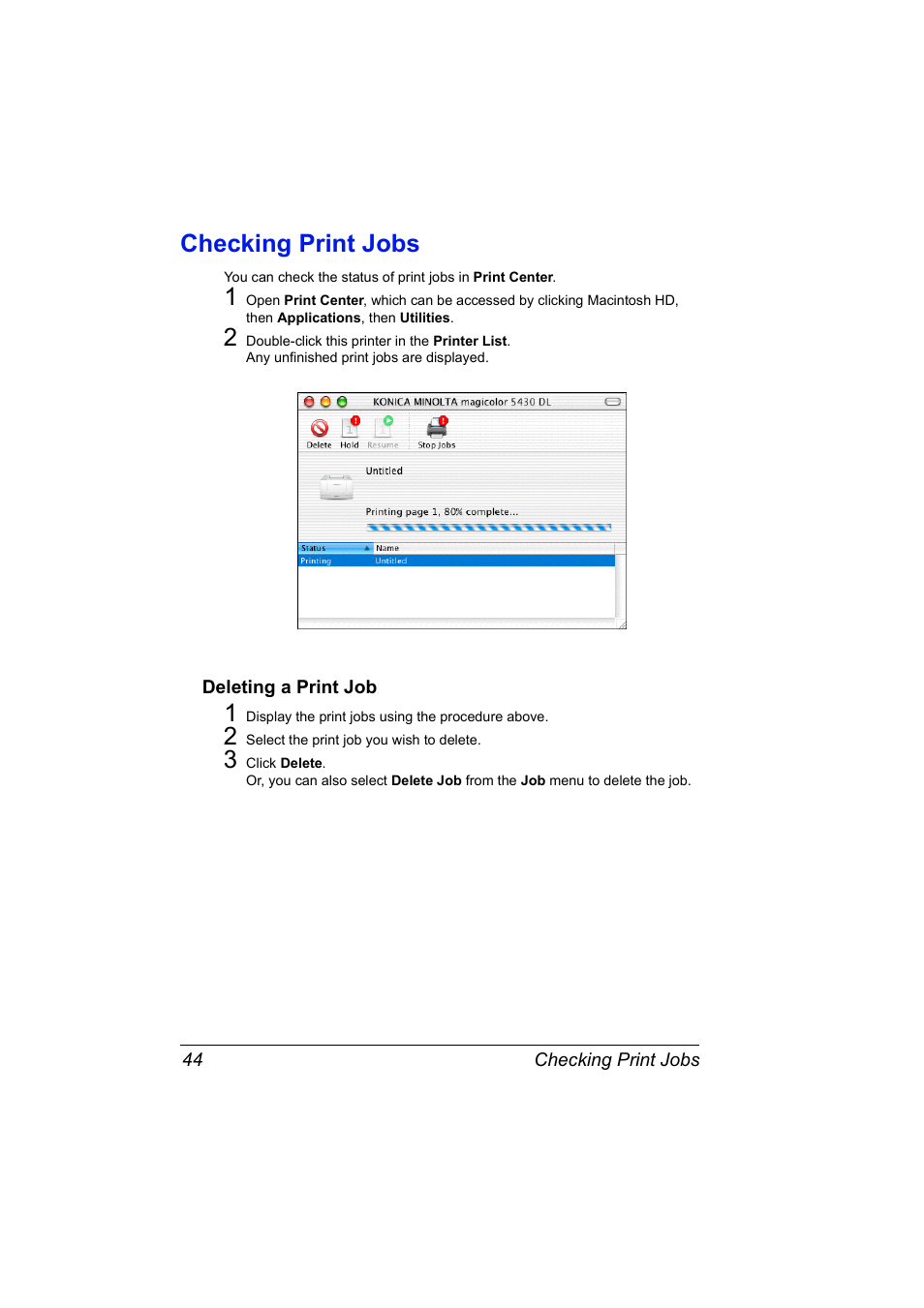 Checking print jobs, Deleting a print job, Checking print jobs 44 | Deleting a print job 44 | Konica Minolta Magicolor 5430 DL User Manual | Page 50 / 114