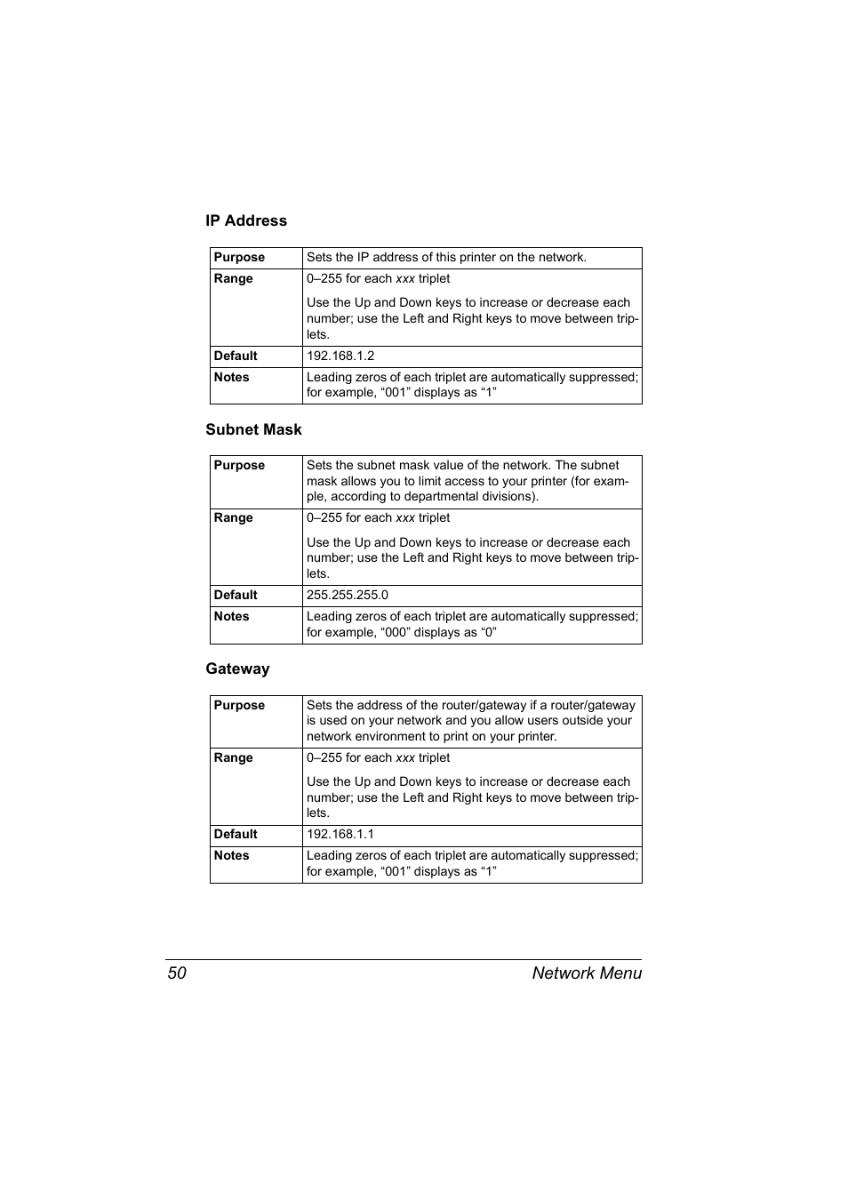 Ip address, Subnet mask, Gateway | Ip address 50 subnet mask 50 gateway 50, Network menu 50 | Konica Minolta Magicolor 5430 DL User Manual | Page 56 / 114