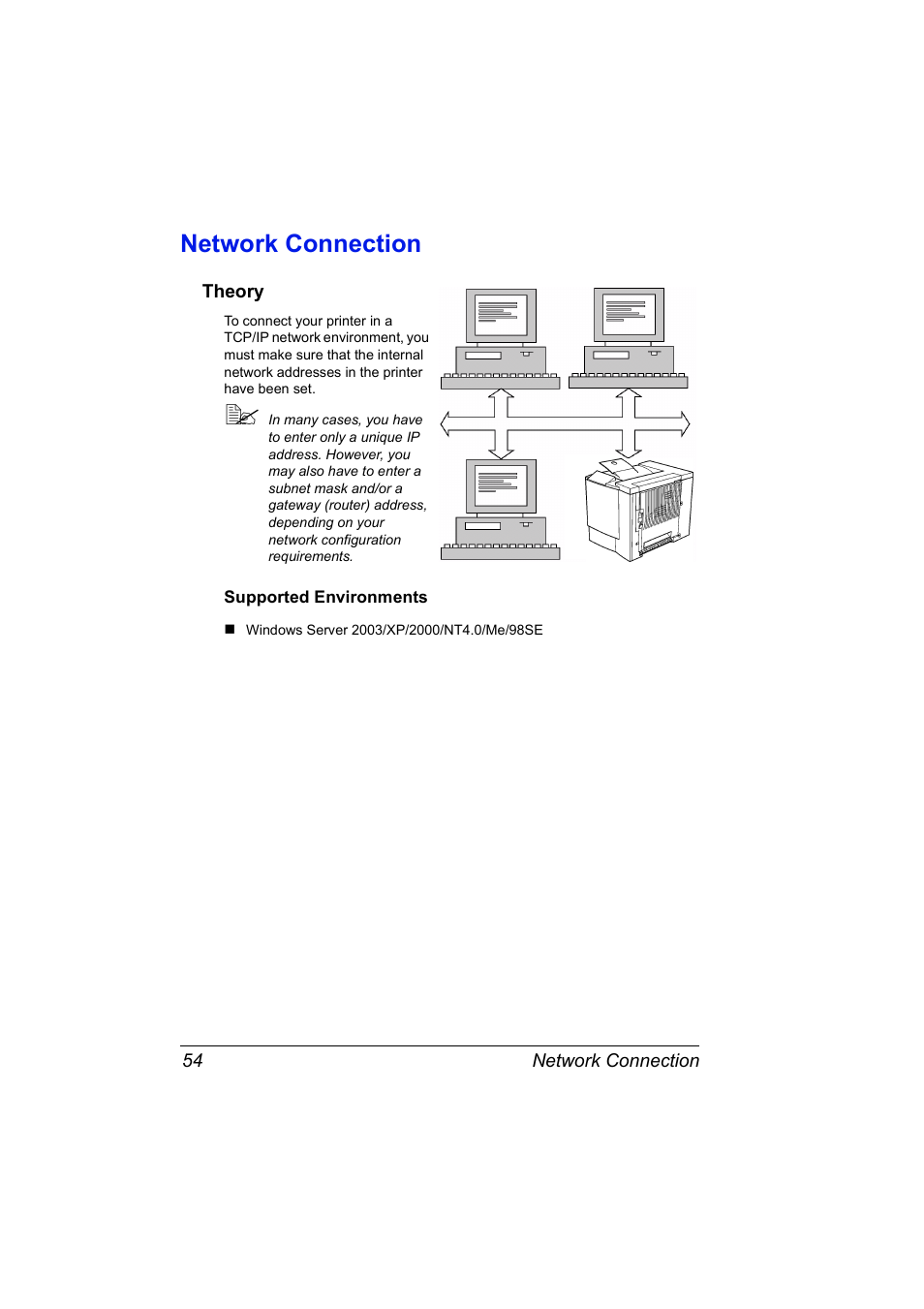 Network connection, Theory, Supported environments | Network connection 54, Theory 54, Supported environments 54 | Konica Minolta Magicolor 5430 DL User Manual | Page 60 / 114