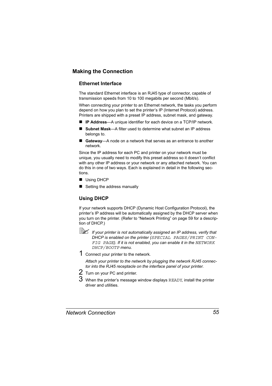 Making the connection, Ethernet interface, Using dhcp | Making the connection 55, Ethernet interface 55 using dhcp 55 | Konica Minolta Magicolor 5430 DL User Manual | Page 61 / 114