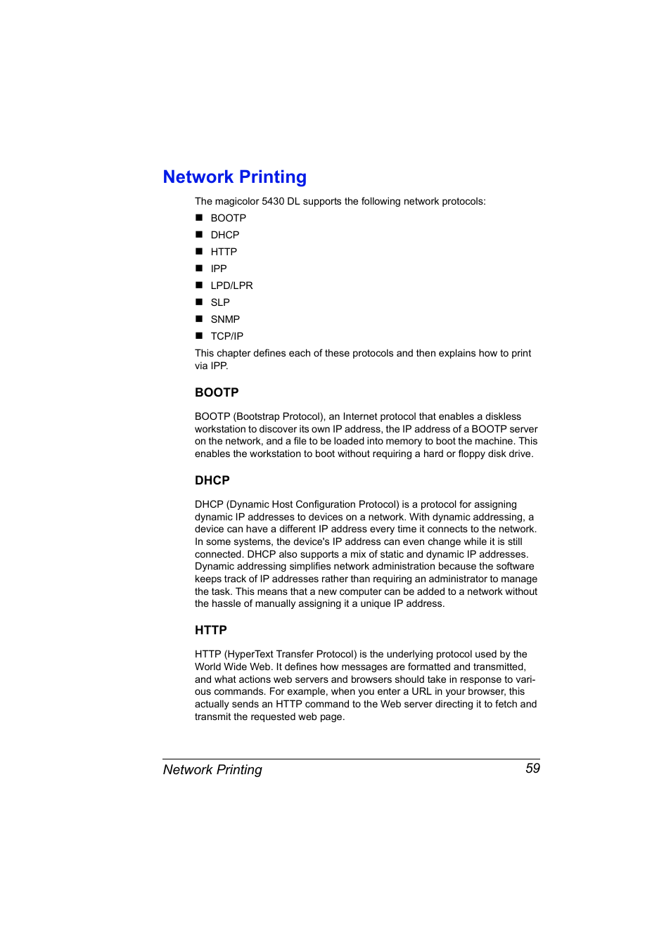Network printing, Bootp, Dhcp | Http, Network printing 59, Bootp 59 dhcp 59 http 59 | Konica Minolta Magicolor 5430 DL User Manual | Page 65 / 114