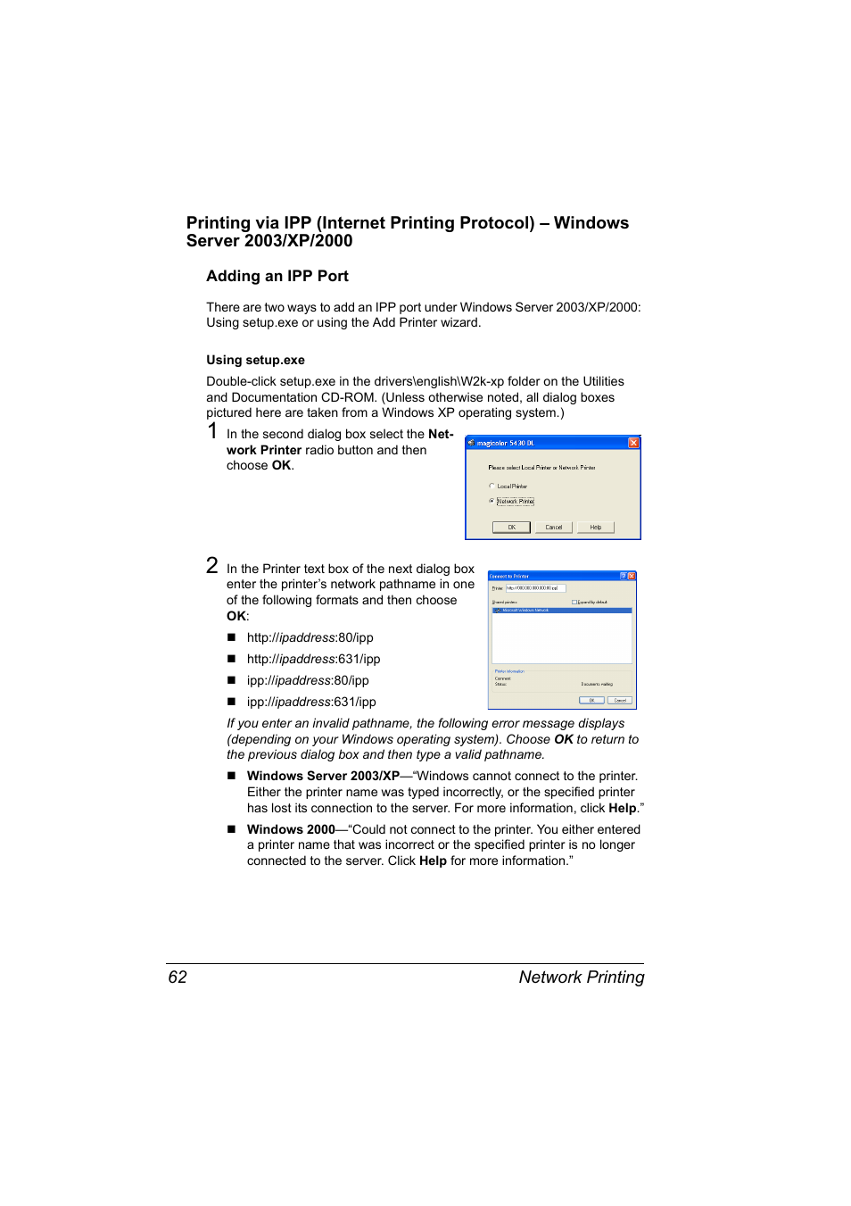 Adding an ipp port, Adding an ipp port 62 | Konica Minolta Magicolor 5430 DL User Manual | Page 68 / 114