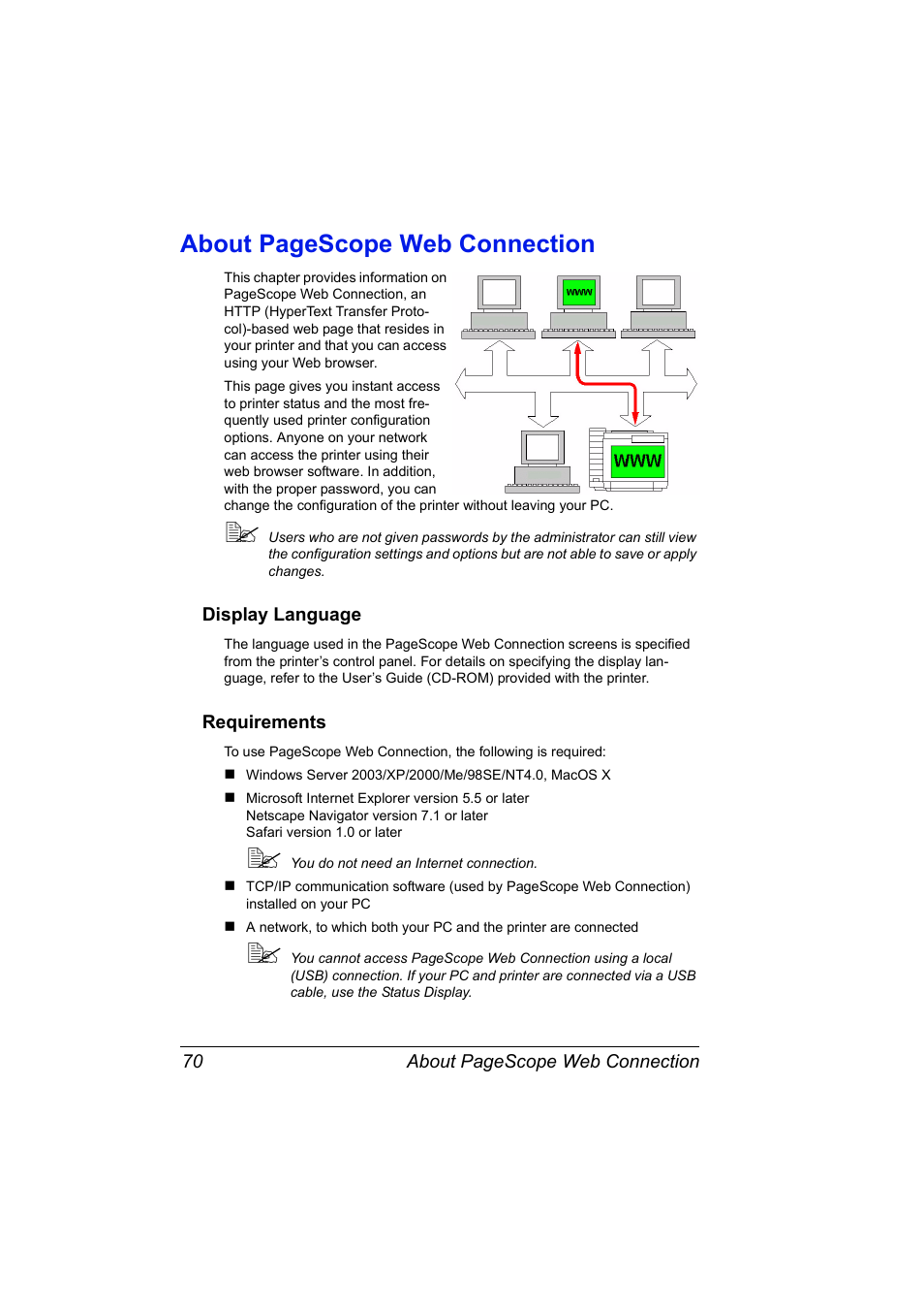 Display language, Requirements, Display language 70 requirements 70 | About pagescope web connection | Konica Minolta Magicolor 5430 DL User Manual | Page 76 / 114