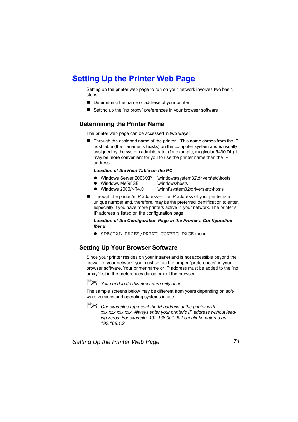 Determining the printer name, Setting up your browser software, Setting up the printer web page | Konica Minolta Magicolor 5430 DL User Manual | Page 77 / 114