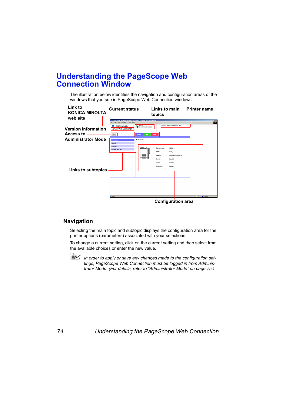 Navigation, Navigation 74, Understanding the pagescope web connection window | Konica Minolta Magicolor 5430 DL User Manual | Page 80 / 114