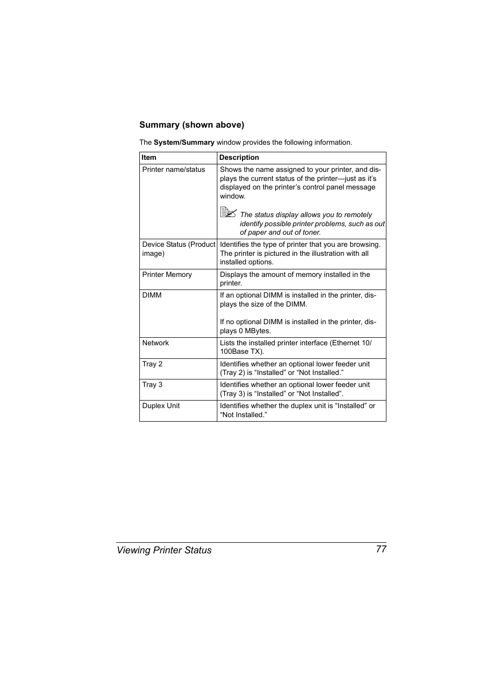 Summary (shown above), Summary (shown above) 77, Viewing printer status 77 | Konica Minolta Magicolor 5430 DL User Manual | Page 83 / 114