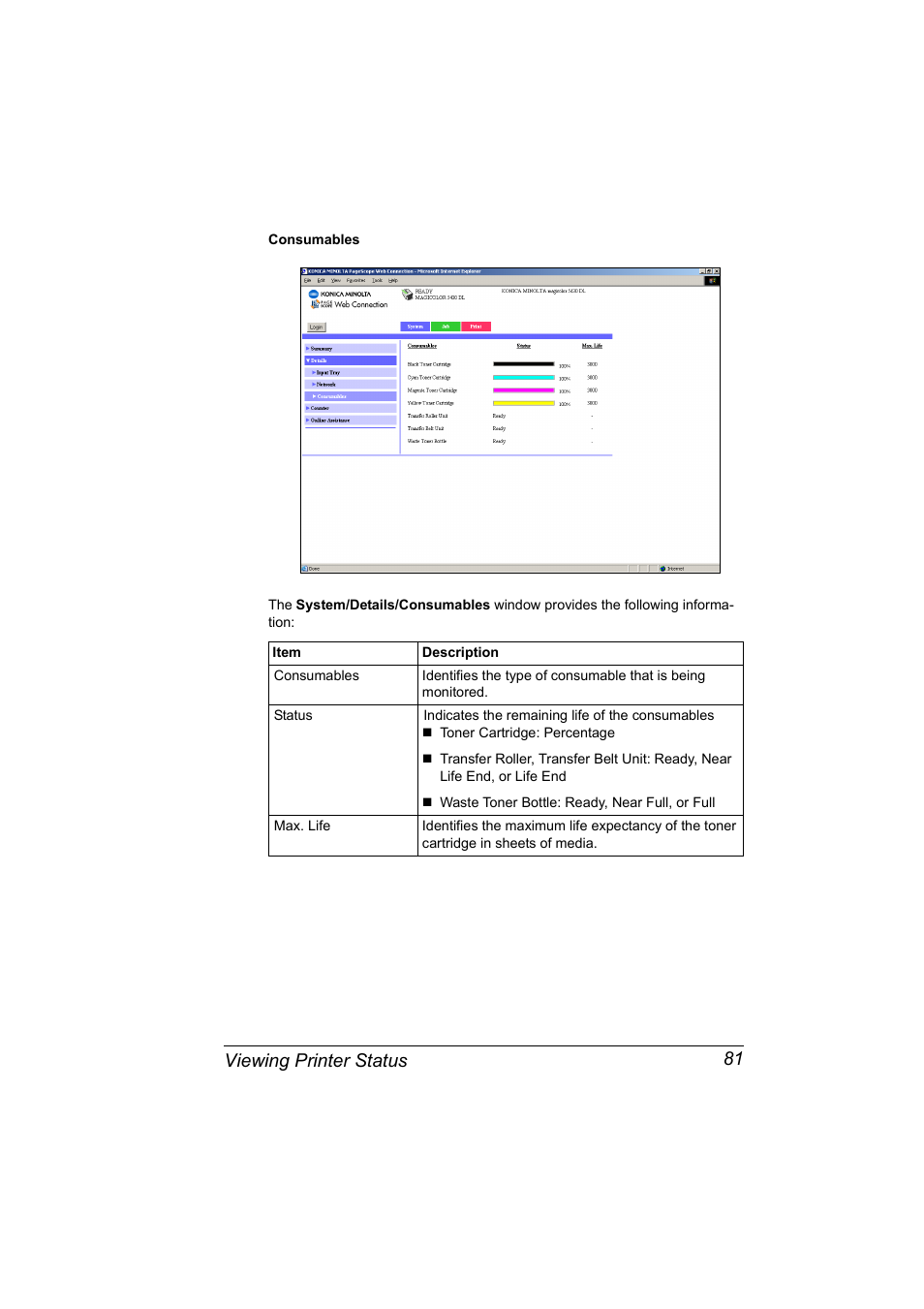 Viewing printer status 81 | Konica Minolta Magicolor 5430 DL User Manual | Page 87 / 114