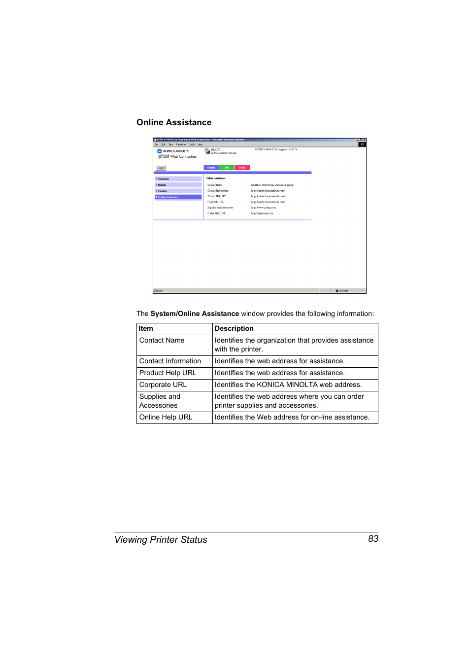 Online assistance, Online assistance 83, Viewing printer status 83 | Konica Minolta Magicolor 5430 DL User Manual | Page 89 / 114