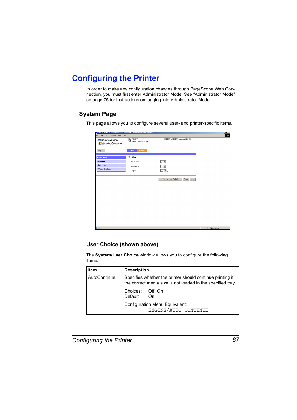Configuring the printer, User choice (shown above), Configuring the printer 87 | User choice (shown above) 87 | Konica Minolta Magicolor 5430 DL User Manual | Page 93 / 114