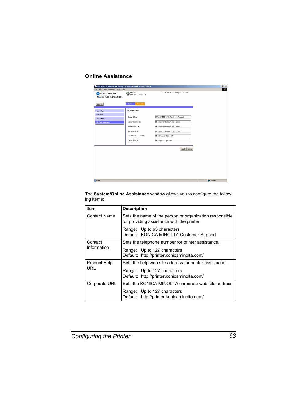 Online assistance, Online assistance 93, Configuring the printer 93 | Konica Minolta Magicolor 5430 DL User Manual | Page 99 / 114
