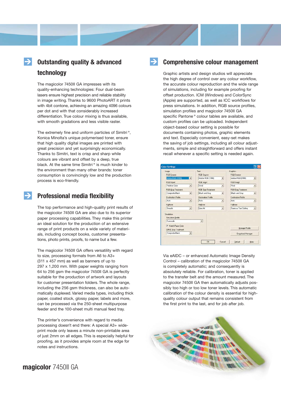Magicolor 7450ii ga, Outstanding quality & advanced technology, Professional media flexibility | Comprehensive colour management | Konica Minolta MAGICOLOR 7450II GA User Manual | Page 3 / 4