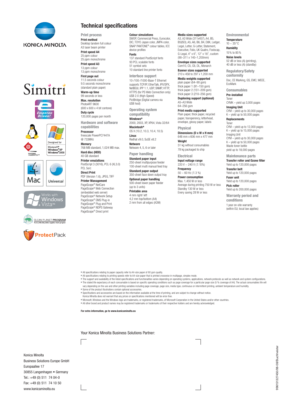 Technical specifications, Your konica minolta business solutions partner | Konica Minolta MAGICOLOR 7450II GA User Manual | Page 4 / 4