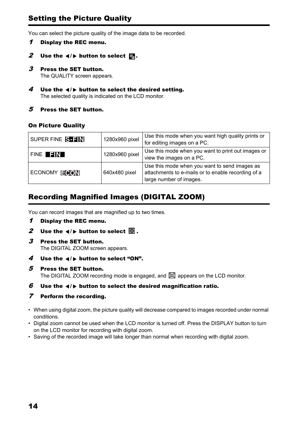 P.14, 14 setting the picture quality, Recording magnified images (digital zoom) | Konica Minolta Konica Revio C2 User Manual | Page 14 / 33