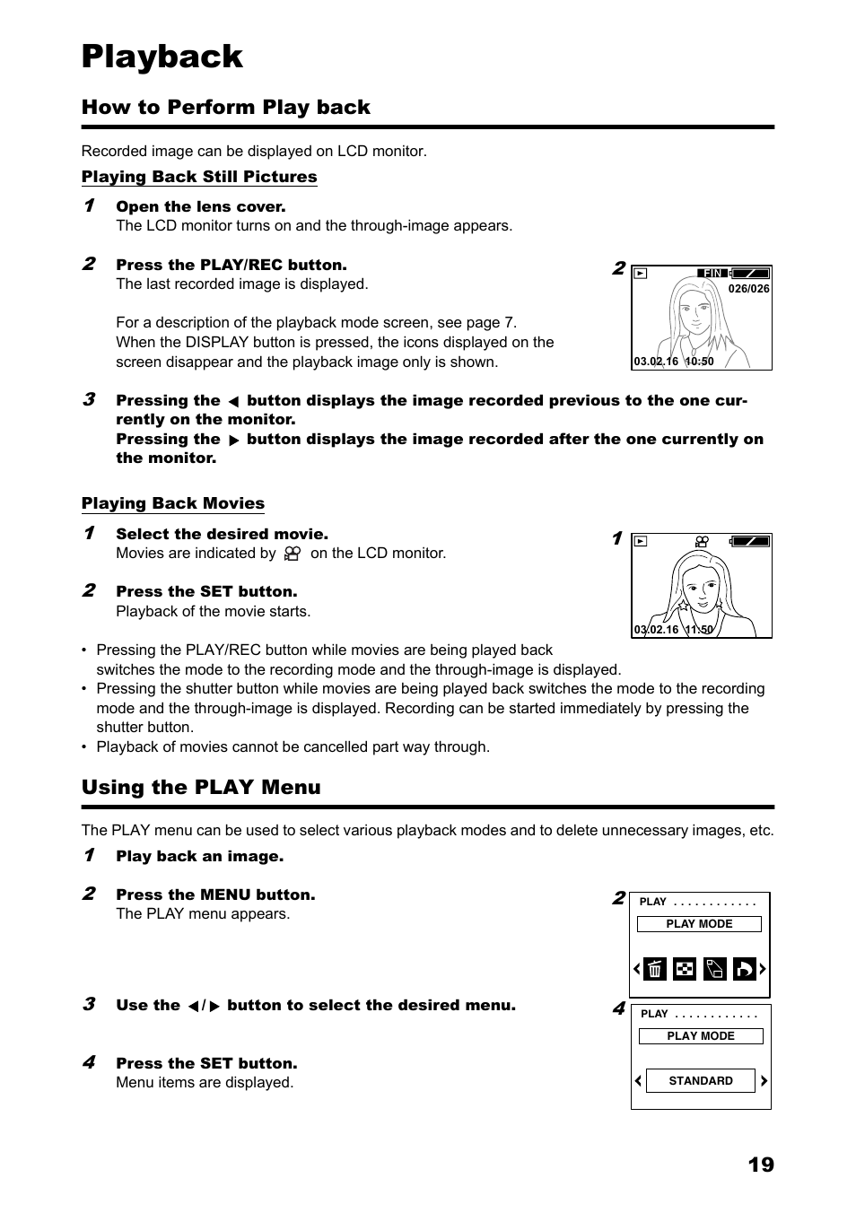Playback, How to perform play back using the play menu, P.19 | How to perform play back, Using the play menu | Konica Minolta Konica Revio C2 User Manual | Page 19 / 33