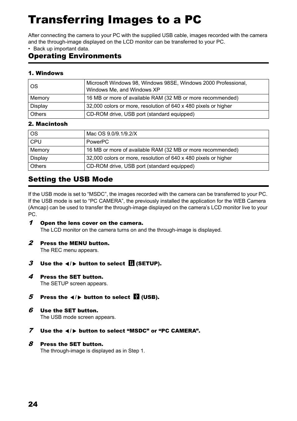 Transferring images to a pc, Operating environments setting the usb mode, Operating environments | Setting the usb mode | Konica Minolta Konica Revio C2 User Manual | Page 24 / 33