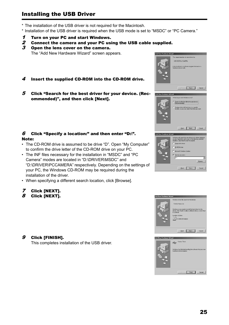 Installing the usb driver | Konica Minolta Konica Revio C2 User Manual | Page 25 / 33